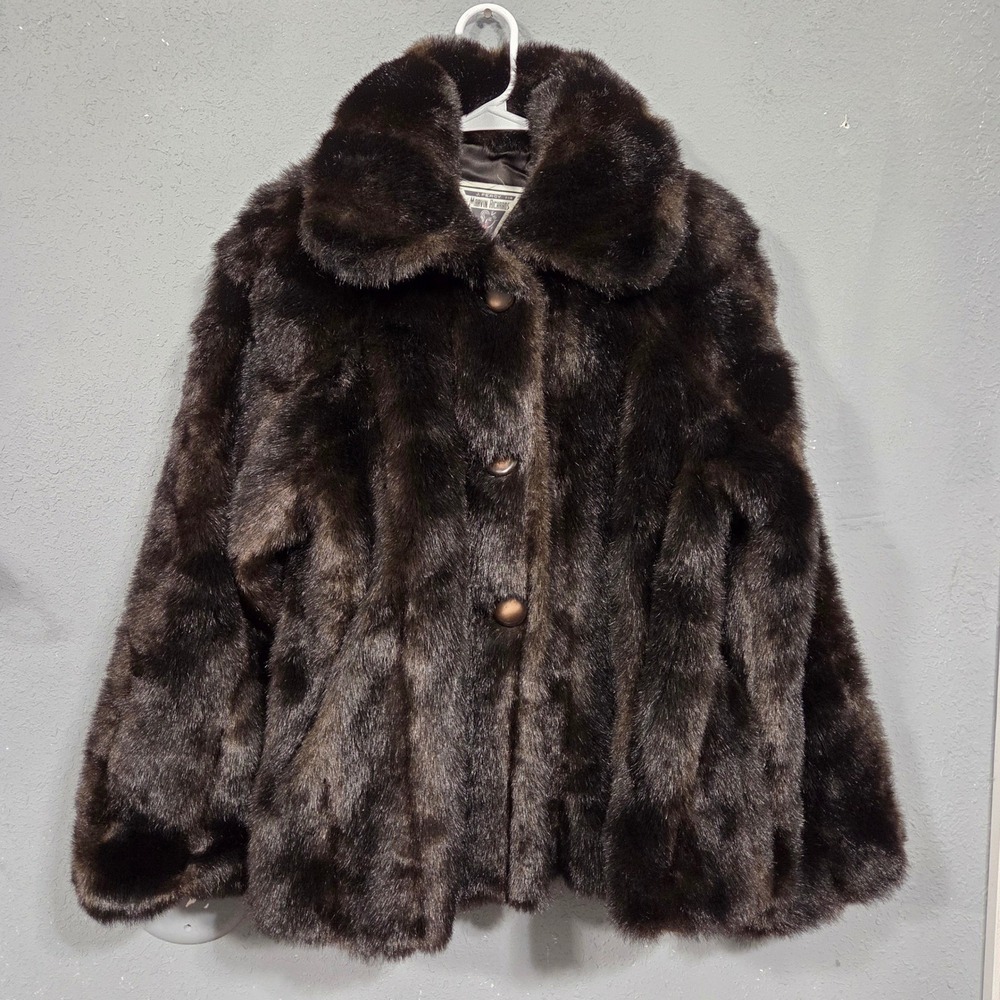 vintage womens Marvin Richards J Percy Faux Fur Coat Dark Brown Button Front XS